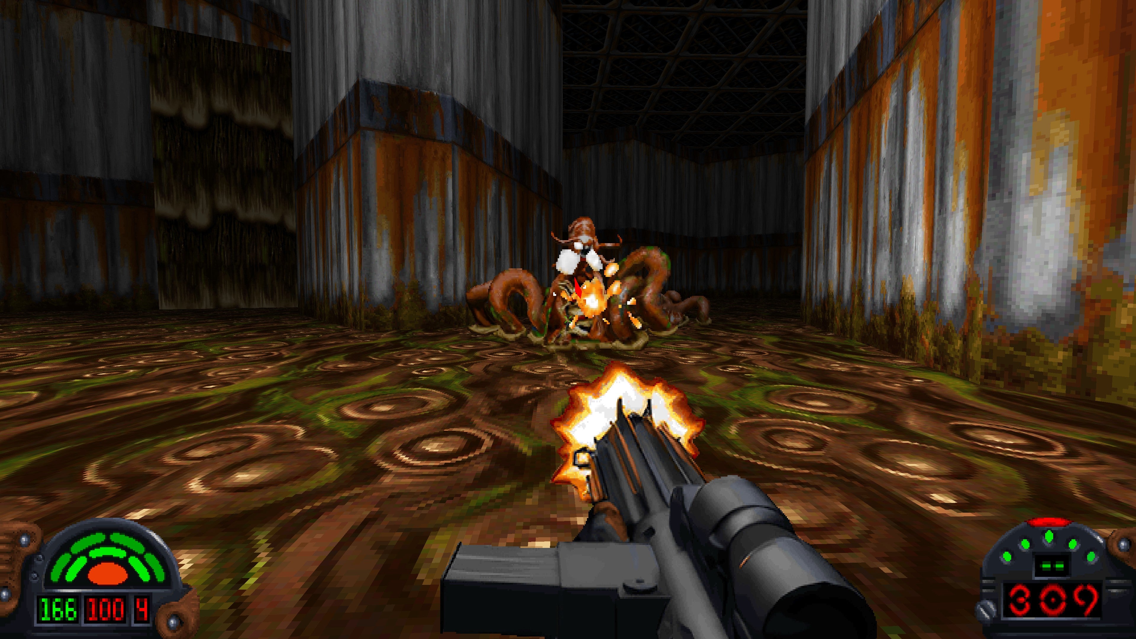 Di area rawa yang diapit oleh dinding logam berkarat, dengan monster tentakel di lumpur di depan kami.  Karakter pemain kami mengisinya dengan timah.