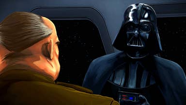 An illustrative cutscene showing Darth Vader in conversation with a uniformed general on the spaceship. I presume he's saying something like, "I find your lack of faith disturbing, General." But who knows?