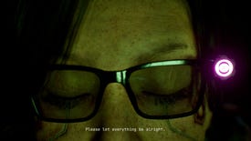 A close up of the top half of a woman's face; she's wearing glasses and her eyes are closed. From a scene from Stasis: Bone Totem