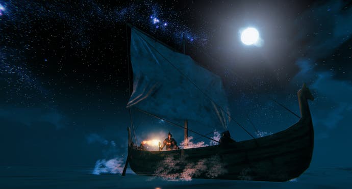 state of the game valheim - exploring on a longboat at night