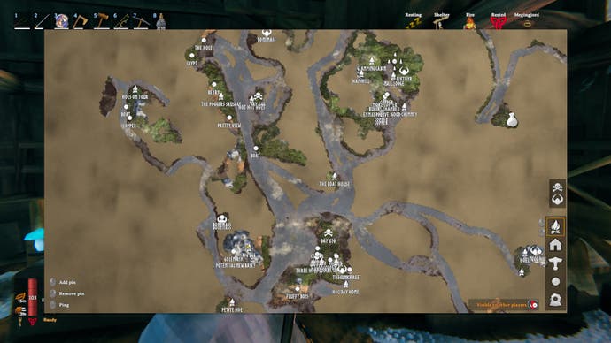 state of the game valheim - a view of the map with lots of hoe-based pun names