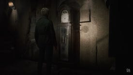 James, the main character of Silent Hill 2, standing in front of a grandfather clock