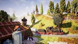 A voxel steam train passes through a valley village in Station To Station