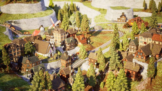 A picturesque voxel landscape of a village and railway line in Station To Station