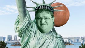The Statue of Liberty with the face of Gabe Newell, standing in New York, with the planet of Mars behind the statue's head.