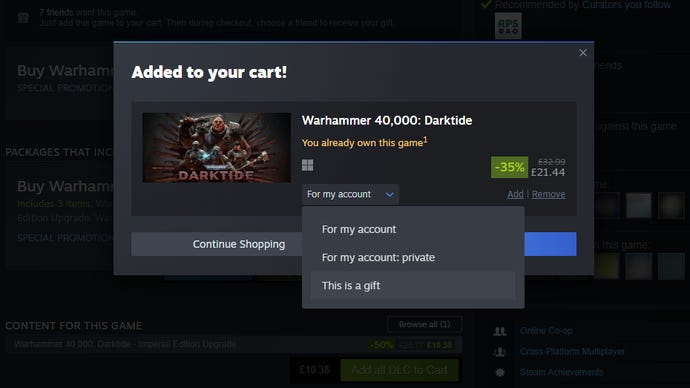 Nouvelles options d'achat Steam démontrées avec Darktide.