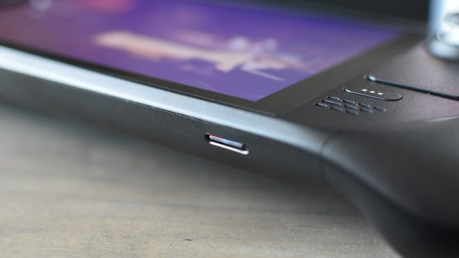 A microSD card inside the Steam Deck's card slot.