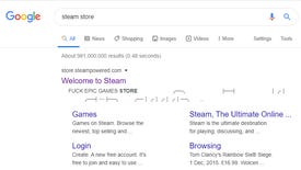 "FUCK EPIC GAMES STORE," declares Google's listing for Steam
