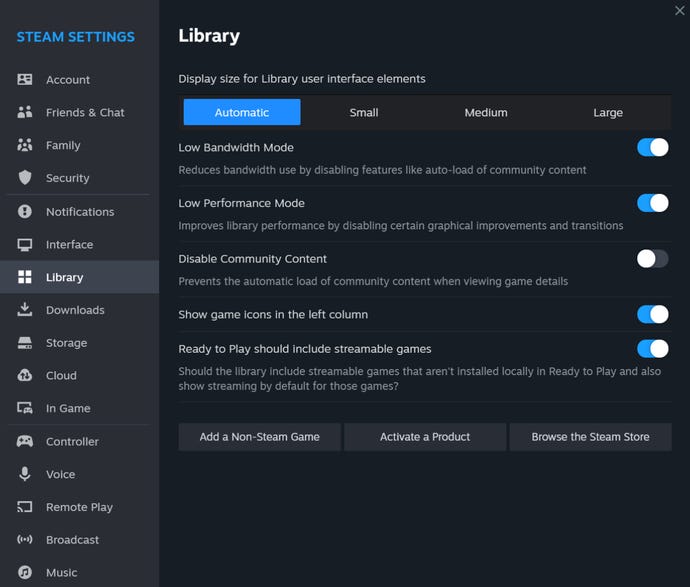 A screenshot of the Steam settings menu on the Library tab.