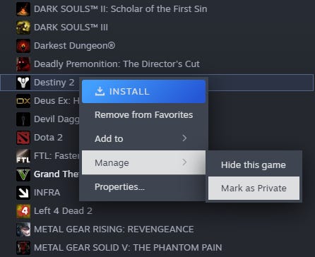 Marquer Destiny 2 comme privé avec les nouvelles fonctionnalités de Steam.