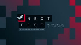 The Steam Next Fest logo for October 2023, in front of a black and red cube background.