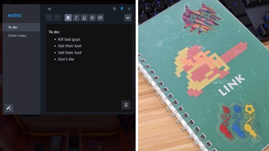 The Steam notes app next to a Zelda notebook