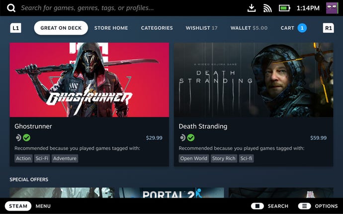The Steam Store as it appears on the Steam Deck, showing the 'Great on Deck' tab.