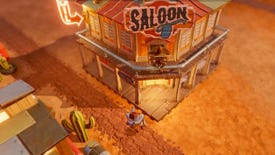 A robot walks past a saloon in SteamWorld Build