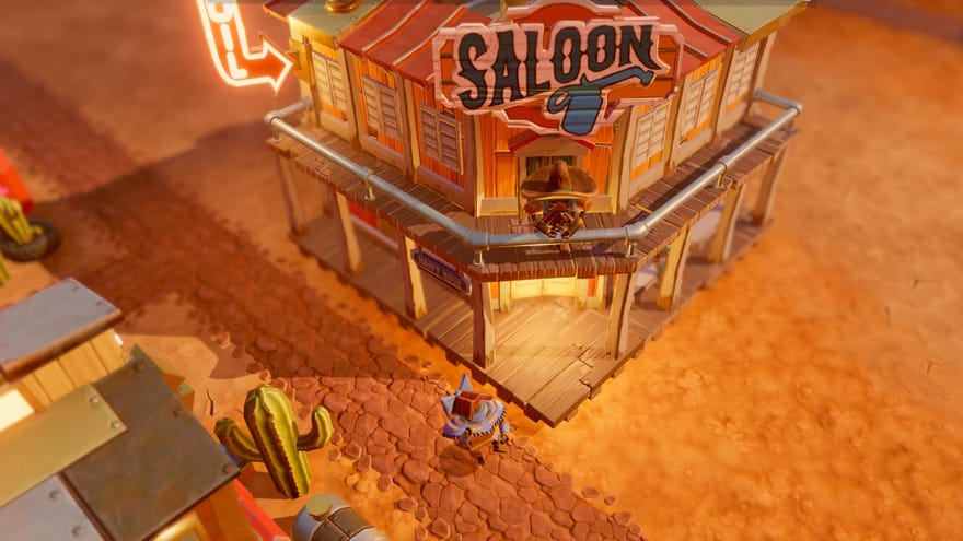 A robot walks past a saloon in SteamWorld Build