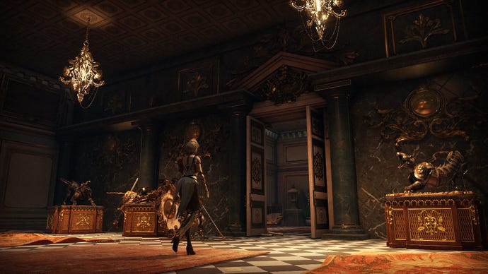 Aegis wanders through an ornate, golden room in Steelrising.