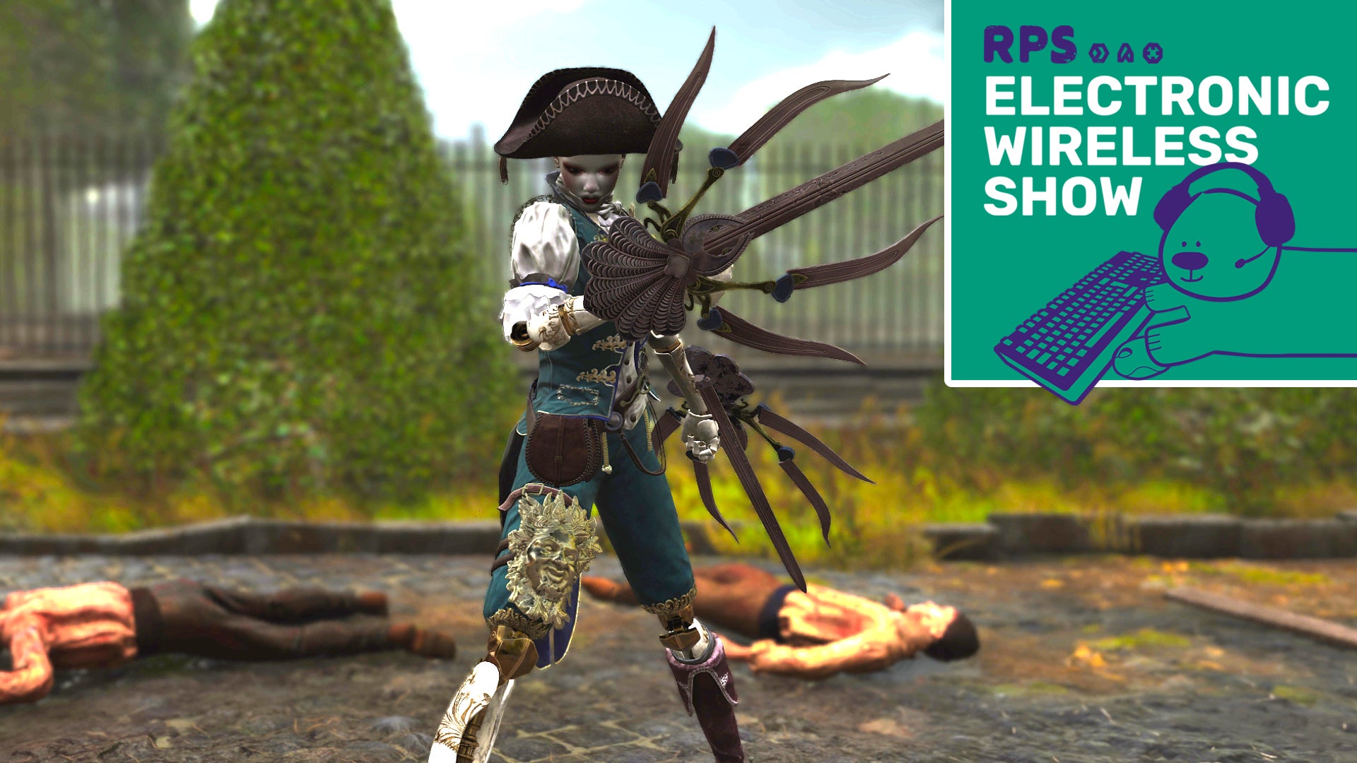Aegis in Steelrising stands in front of a garden wielding the Nemesis Claws weapon, with the Electronic Wireless Show podcast logo in the top right corner of the image