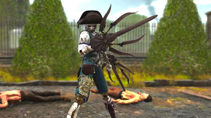 Aegis in Steelrising stands in front of a garden wielding the Nemesis Claws weapon.
