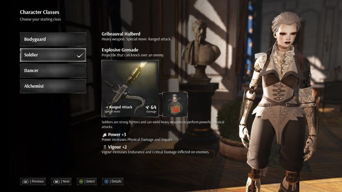 The Soldier in the Steelrising character creation screen.