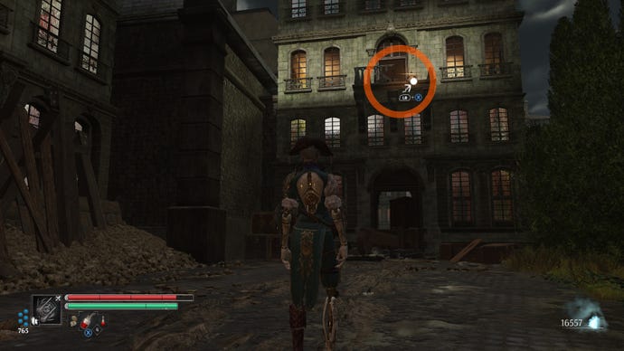 Aegis in Steelrising spots a grapple point on the first floor of the building in front of her.