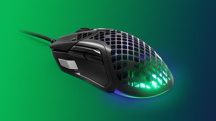 Image of a SteelSeries Aerox 5 gaming mouse on a green to blue gradient background