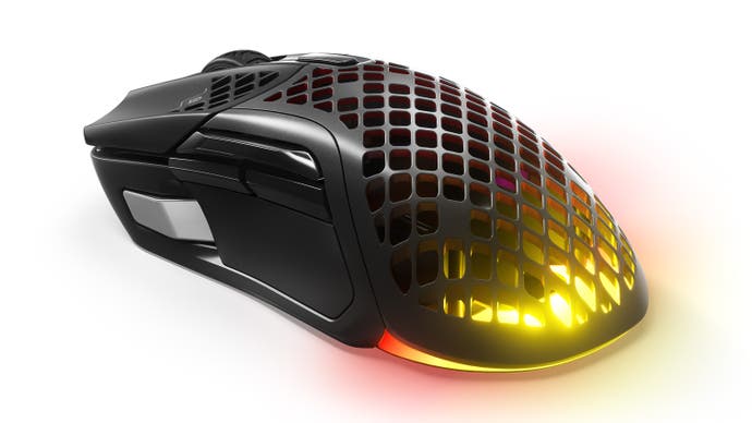 steelseries aerox 5 wireless gaming mouse, shown with four side buttons and RGB tail lighting