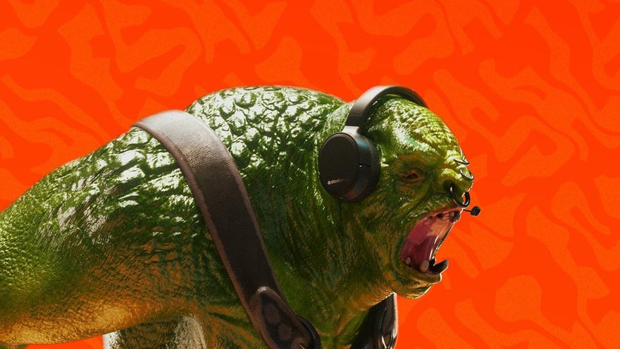 A photo of a plastic ogre wearing a SteelSeries gaming headset, in front of an orange background.