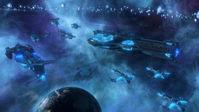 Sealife-looking spaceship in a screenshot from the Stellaris Aquatics Species Pack DLC.