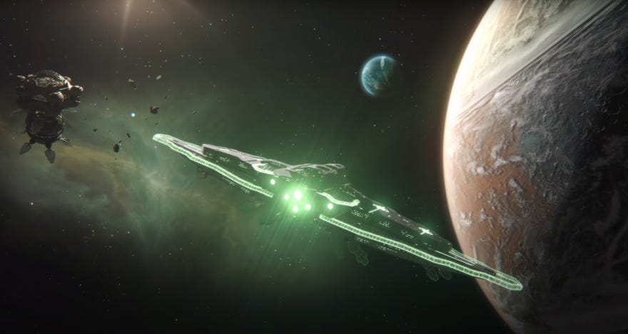 A still from the Stellaris 3.1 Lem update trailer, showing a spaceship with green lights flying in space towards a planet on the right of the screen.