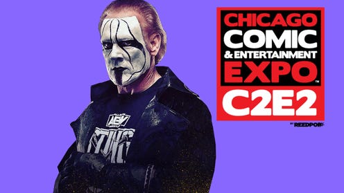 The wrestler Sting next to C2E2 logo