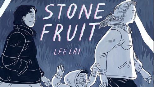 Cropped cover of Stone Fruit, featuring two adults walking with a child.