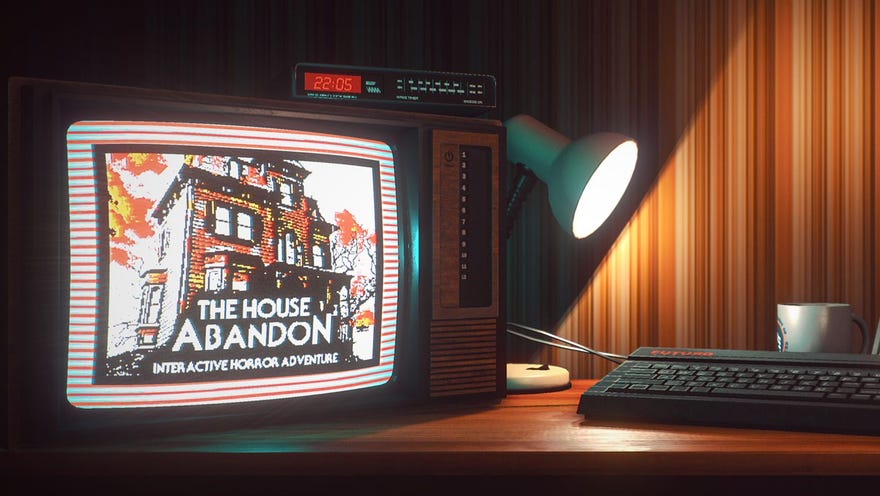 Image from Stories Untold of a TV with the text "The House Abandon: Interactive Horror Adventure"