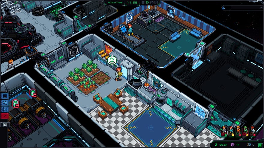 Starmancer has very nice blocky rooms, this one is a farm! There's a little guy tending to some crops.