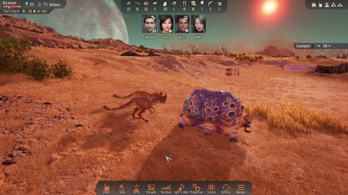 Tiny dinosaurs chase and attack a large purple insect in Stranded Alien Dawn