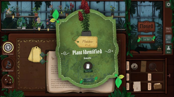 The main screen from Strange Horticulture, showing the moment when a plant (Meakdew) is correctly identified by the player. In the background, it's a dismal day as seen from the windows of a shop filled with plants, and a black cat sleeps on a counter to the right.