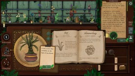 A screenshot of Strange Horticulture showing the shop's wooden front desk. The player is trying to identify a plant, and has an encyclopaedia of plants open. They're examining a likely plant more closely
