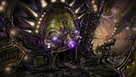 A screenshot of Strangeland, a point-and-click adventure, showing a creepy building shaped like clown's head, its tongue lolling out like a squishy red carpet.