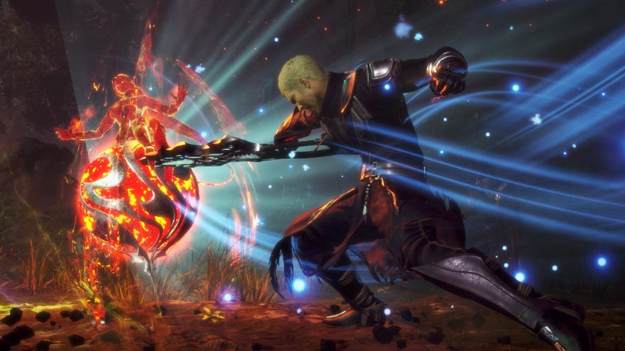 Battling a fire monster in a Stranger of Paradise Final Fantasy Origin screenshot.