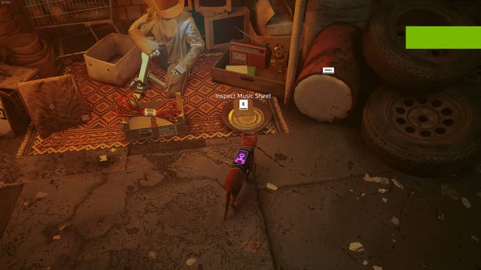 The Outsider of Stray looks at Azuz's wares, including a piece of Sheet Music.