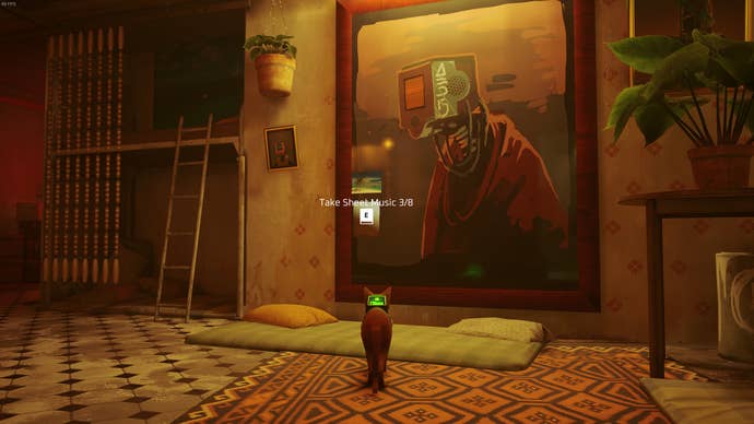 The Outsider of Stray looks at a piece of sheet music attached to a huge portrait in Elliot's flat.