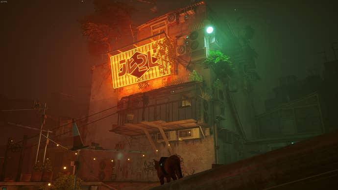 The outside of Momo's flat in Stray, marked by a large yellow neon sign.