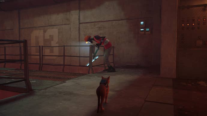 The cat of Stray looks at a construction worker robot in Neco Corp factory who has lost their keys.