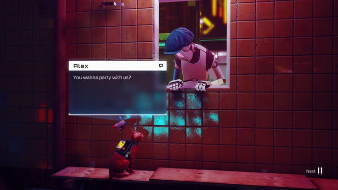 A robot invites a cat into a window in Stray