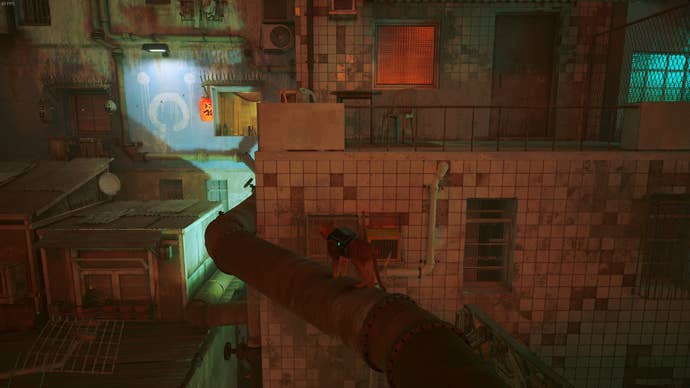 The Outsider of Stray stands on a rusty pipe leading to Clementine's flat.