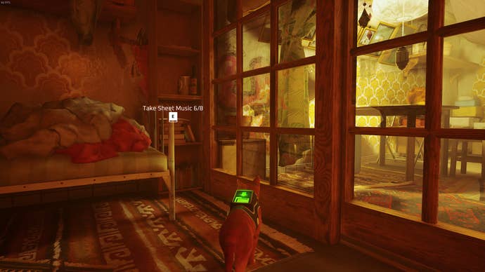 The Outsider of Stray looks at a piece of Sheet Music inside of Clementine's flat.