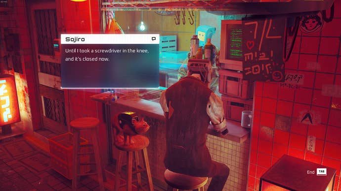 The Outsider, a cat, speaks with Sojiro at a fast food stall in Midtown in Stray.