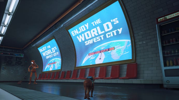 The cat of Stray looks up at a billboard in the subway, reading 'Enjoy the world's safest city.'