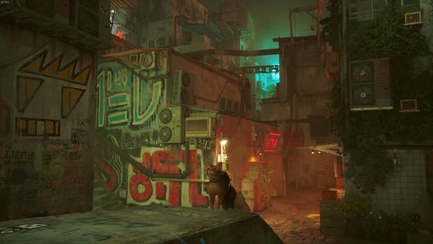 The cat overlooks The Slums and Rooftops in Stray.