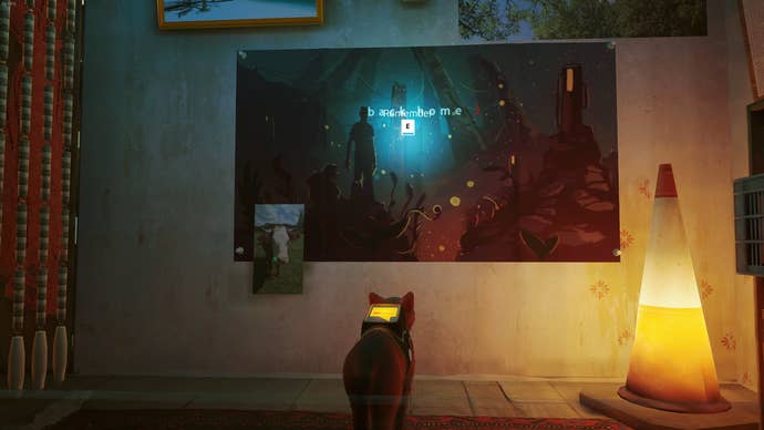 The cat looks at a poster in Momo's room in Stray.