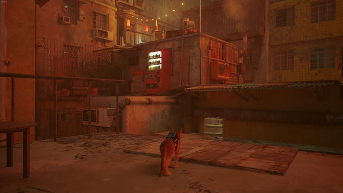 The Outsider, a cat, faces a Vending Machine on The Rooftops of Stray.